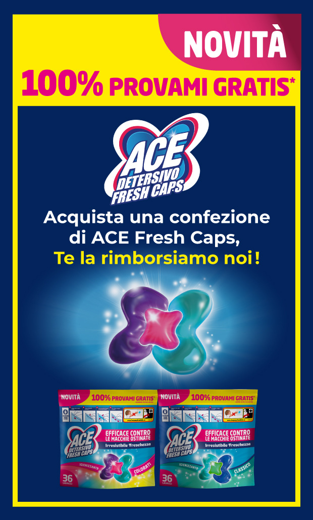 Immagine smartphone: Novità 100% provami gratis, acquista una confezione di ACE Fresh Caps, Te la rimborsiamo noi!